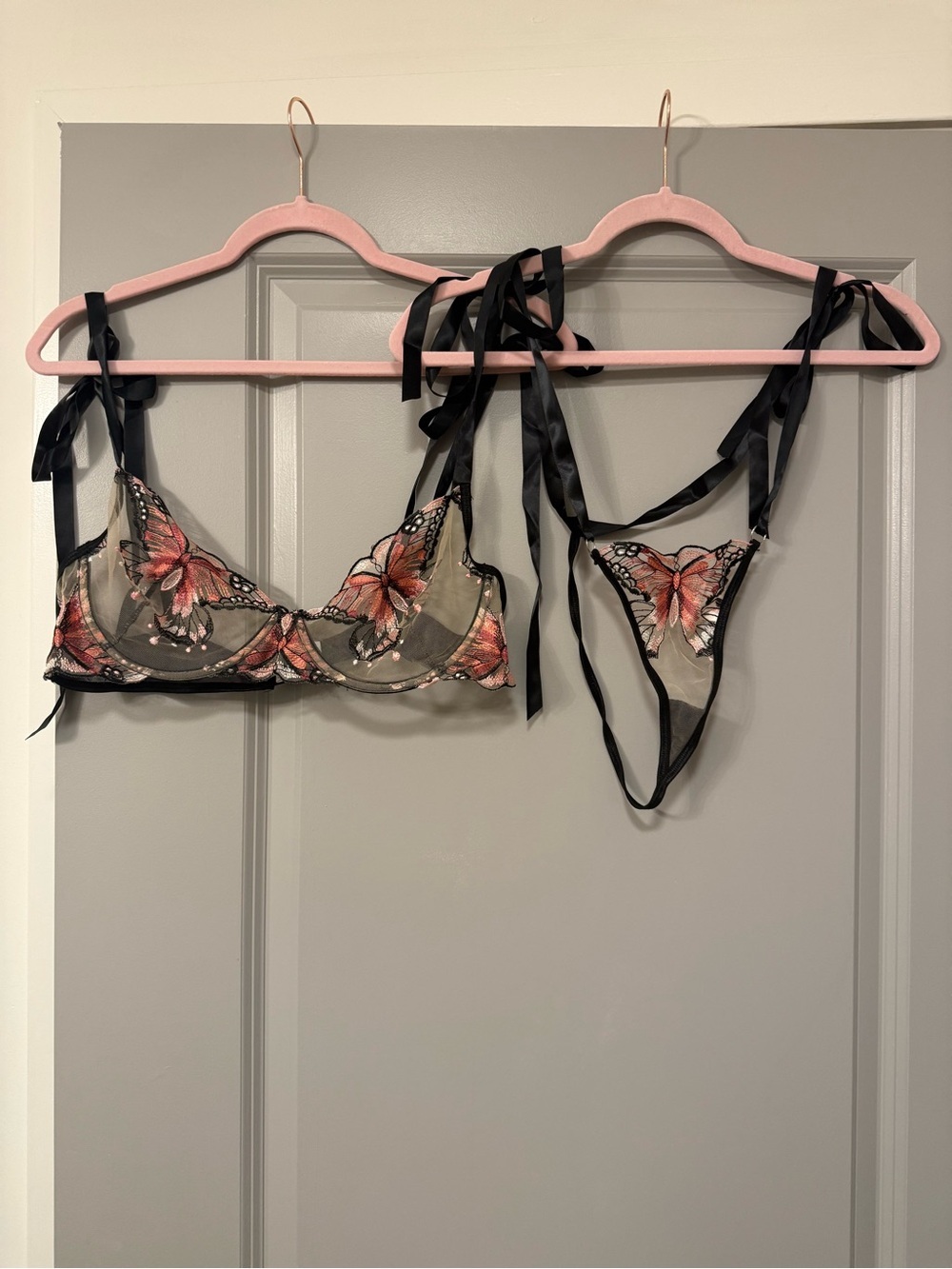 Butterfly Embroidered Sheer Mesh Ribbon Lingerie Set XL